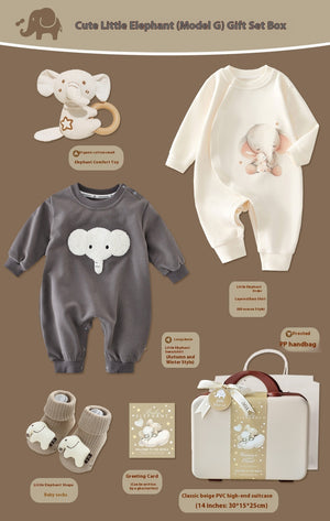Baby gift set with elephant-themed clothing and accessories on a brown background