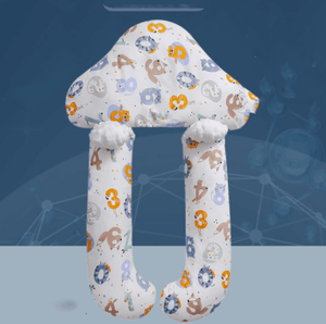 Baby safety gate with cartoon animal design on a blue background