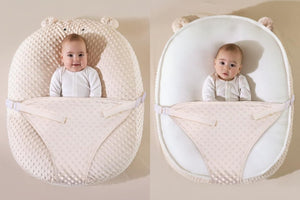 Baby in a Doudou Bear double-sided four-seasons baby seat with text describing the different styles.