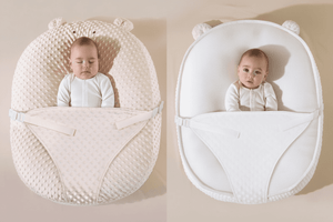 Two views of a baby in a white textured baby seat against a beige background