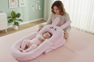 Baby sleeping in a pink bunny-shaped crib in a nursery.