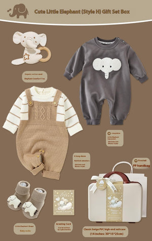 Baby gift set with elephant-themed clothing and accessories on a brown background