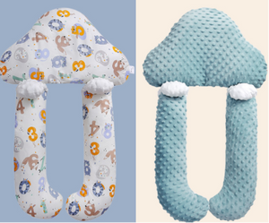 Two baby rattles, one with alphabet patterns and the other solid blue, on a light blue and beige background.