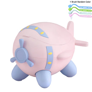 A green and gray SkySit Potty Chair designed for toddlers, featuring a space-themed lid and a fan-shaped backrest, placed against a stylized bathroom backdrop with decorative elements.