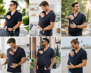 A six-panel collage showing a man wearing a dark navy wrap-style baby shirt in different outdoor and indoor settings, with a baby carried in the front pouch. The shirt has a V-neck and wrap-around design, shown in multiple lifestyle environments.