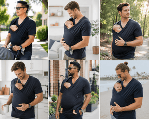 A six-panel collage showing a man wearing a dark navy wrap-style baby shirt in different outdoor and indoor settings, with a baby carried in the front pouch. The shirt has a V-neck and wrap-around design, shown in multiple lifestyle environments.