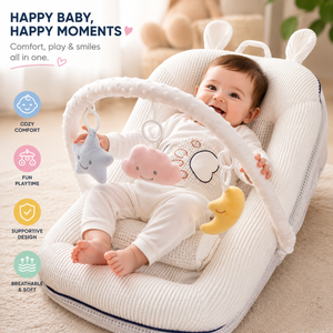 Baby in a white baby seat with toys, surrounded by text about comfort and playtime.
