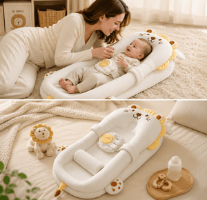 Baby lying in a lion-shaped baby seat with a woman, surrounded by a cozy room setting.