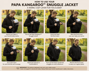 An instructional infographic titled 'HOW TO USE YOUR PAPA KANGAROO SNUGGLE JACKET' showing eight numbered panels with a man outdoors demonstrating how to put on and wear the black hooded Snuggle Jacket, with text instructions below each panel on a beige background.