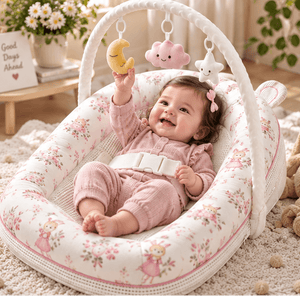 A baby sits in a padded bassinet-style baby chair with floral fabric, holding a yellow moon toy under a white arch. The room is softly lit with a beige rug, flowers, and toys in the background.