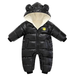 Black baby snowsuit with bear ears on a white background