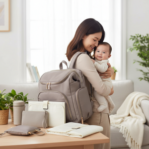 Woman holding a baby and carrying a large gray backpack in a bright living room.