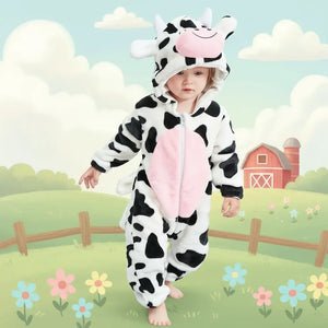 A baby wearing a black and white panda animal romper with a hood sitting on a white sofa.