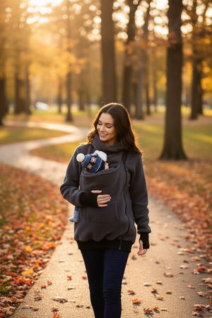 A woman walking on a leaf-strewn park path wearing a dark gray baby carrier hoodie and carrying a baby in a baby carrier.