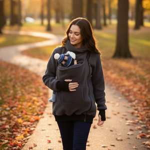 A woman walking on a leaf-strewn autumn path wearing a dark gray baby carrier hoodie with a baby tucked inside, photographed outdoors in a park.