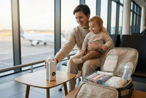 Woman holding a baby and sitting next to an open suitcase with baby items at an airport.