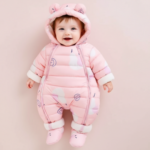 Baby wearing a pink snowsuit with animal designs on a beige background