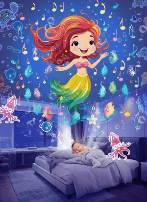 Colorful mermaid wall mural in a child's bedroom with a baby sleeping on a bed.