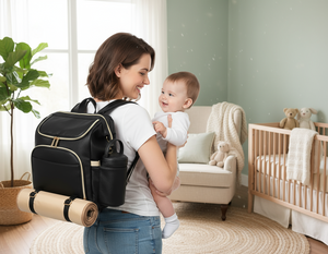 Woman holding a baby in a nursery with a backpack