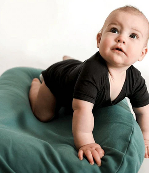 A newborn baby lying in a brown, cushioned baby lounger nest.