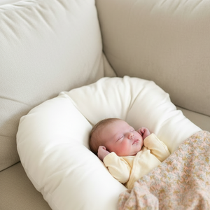A newborn baby lying in a brown Cosydream Newborn Lounger Baby lounger Nest, which is designed to mimic the snug embrace of the womb.