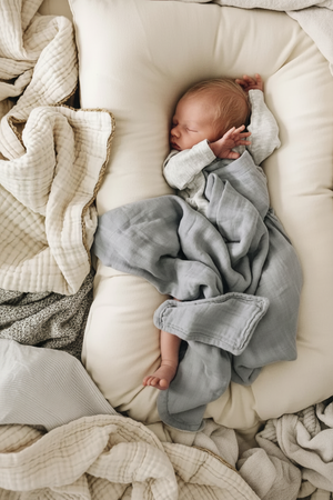 a baby sleeping in a baby lounger nest