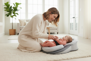 Woman sitting on the floor with a baby on a baby lounger pillow n a bright room.