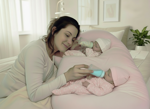 Two babies lying on a pink cushion, being fed with bottles.