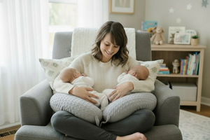 Woman breastfeeding a baby on a bed with a neutral headboard.