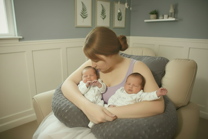 a woman holding two babies in a pillow