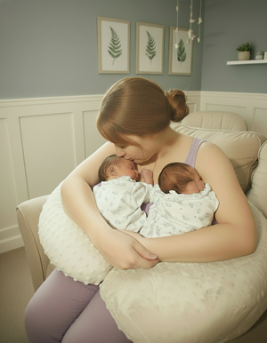 a woman holding two babies in a pillow