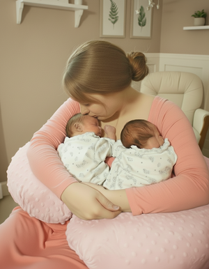 Woman holding two newborn babies wrapped in white blankets in a room with light blue walls and framed pictures.