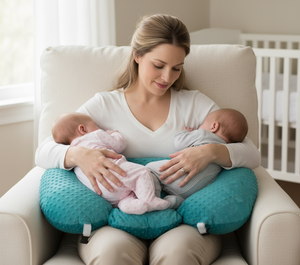 Woman holding two babies on a teal nursing pillow in a cozy room.