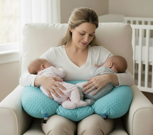 Woman holding two babies on a teal nursing pillow in a cozy room.