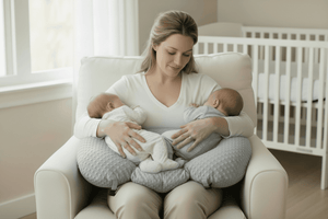 Woman holding two babies on a teal nursing pillow in a cozy room.