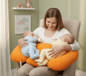 Woman holding two babies in an orange baby carrier chair in a room with a green wall.