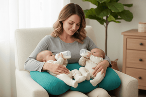Woman holding two babies with bottles in a home setting