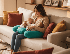 Woman sitting on a couch holding two babies in a cozy living room.