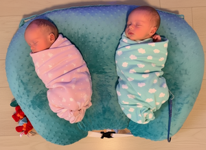 Two swaddled babies lying on a blue U-shaped pillow.