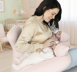 Woman breastfeeding a baby using a nursing pillow with a bottle nearby.