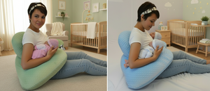 Woman using a green and a blue nursing pillow with a baby on a white background