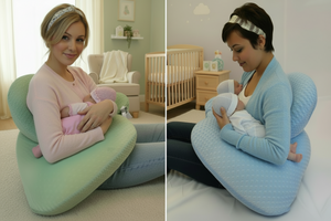 Woman using a green and a blue nursing pillow with a baby on a white background