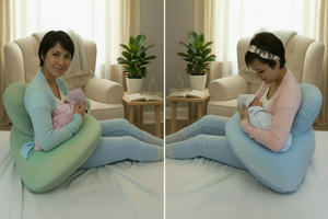 Two images showing a woman using green and blue nursing pillows with babies.