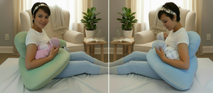 Two images showing a woman using green and blue nursing pillows with babies.