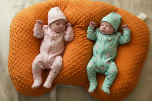 Two babies in patterned onesies lying on a gray pillow.