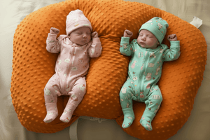 Two babies in patterned onesies lying on a gray pillow.