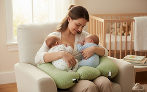 Woman holding two babies on a green哺乳枕 in a nursery setting