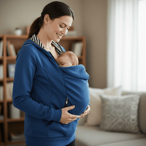 A woman wearing a blue baby carrier hoodie with a sleeping baby nestled inside, standing in a softly lit living room with a sofa and bookshelf in the background.