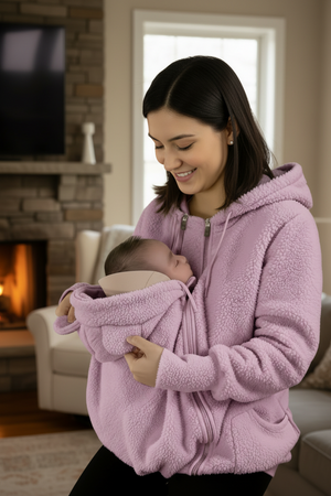 Person wearing a pink fleece jacket holding a baby, with a flame icon indicating warmth.