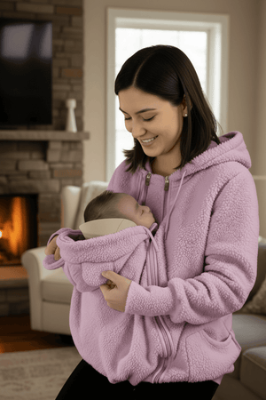 Person wearing a pink fleece jacket holding a baby, with a flame icon indicating warmth.